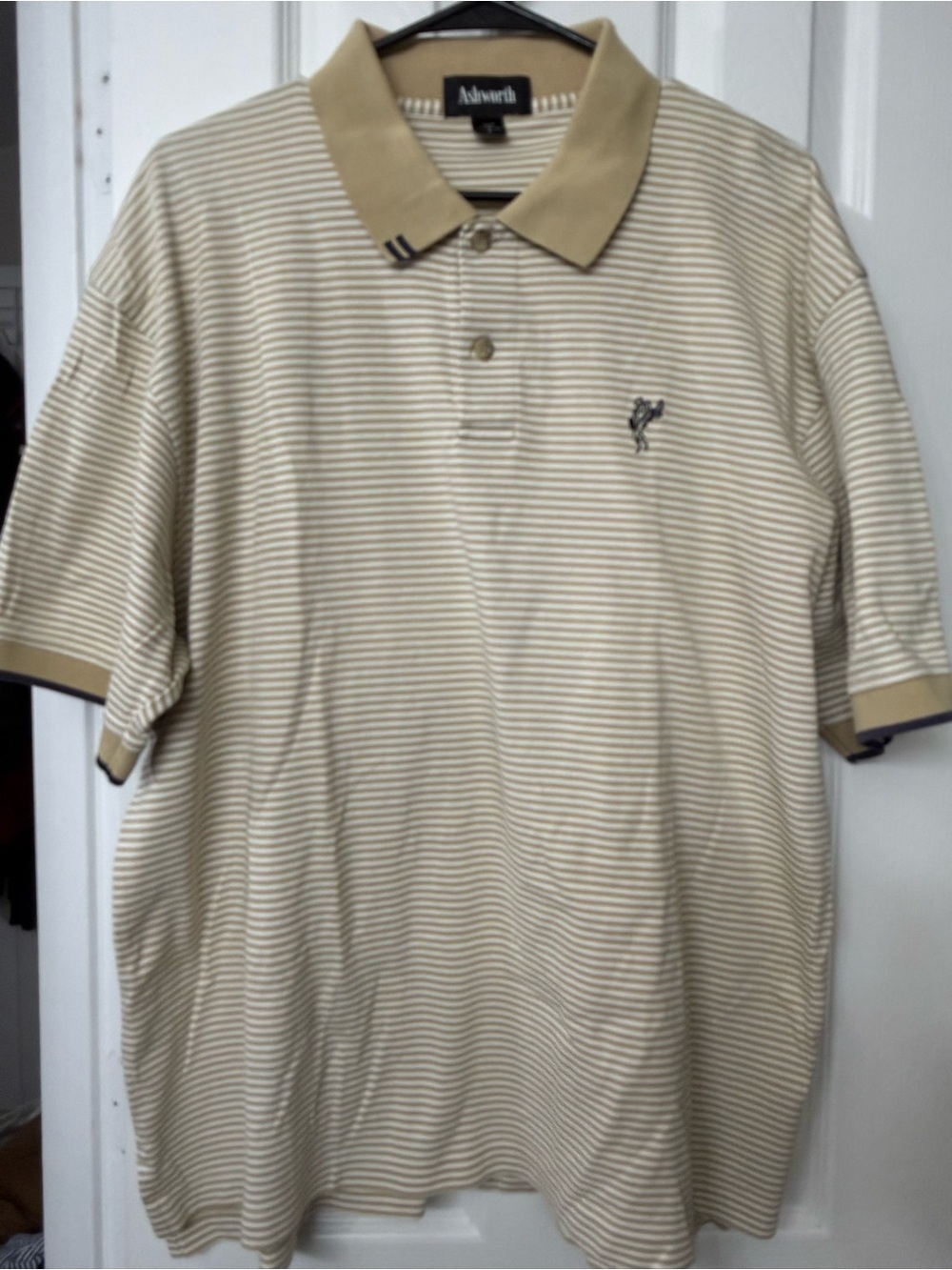 Ashworth Men's Tan and Cream Striped Polo
